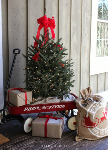 christmas decor, red flyer wagon, red decor, farmhouse style
