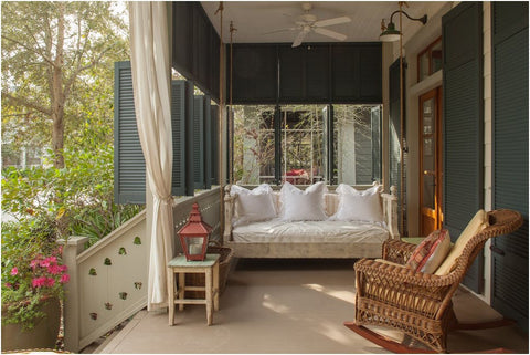 summer style, porch swing, porch linens, linen cushion, ruffled linen, linen throw pillow